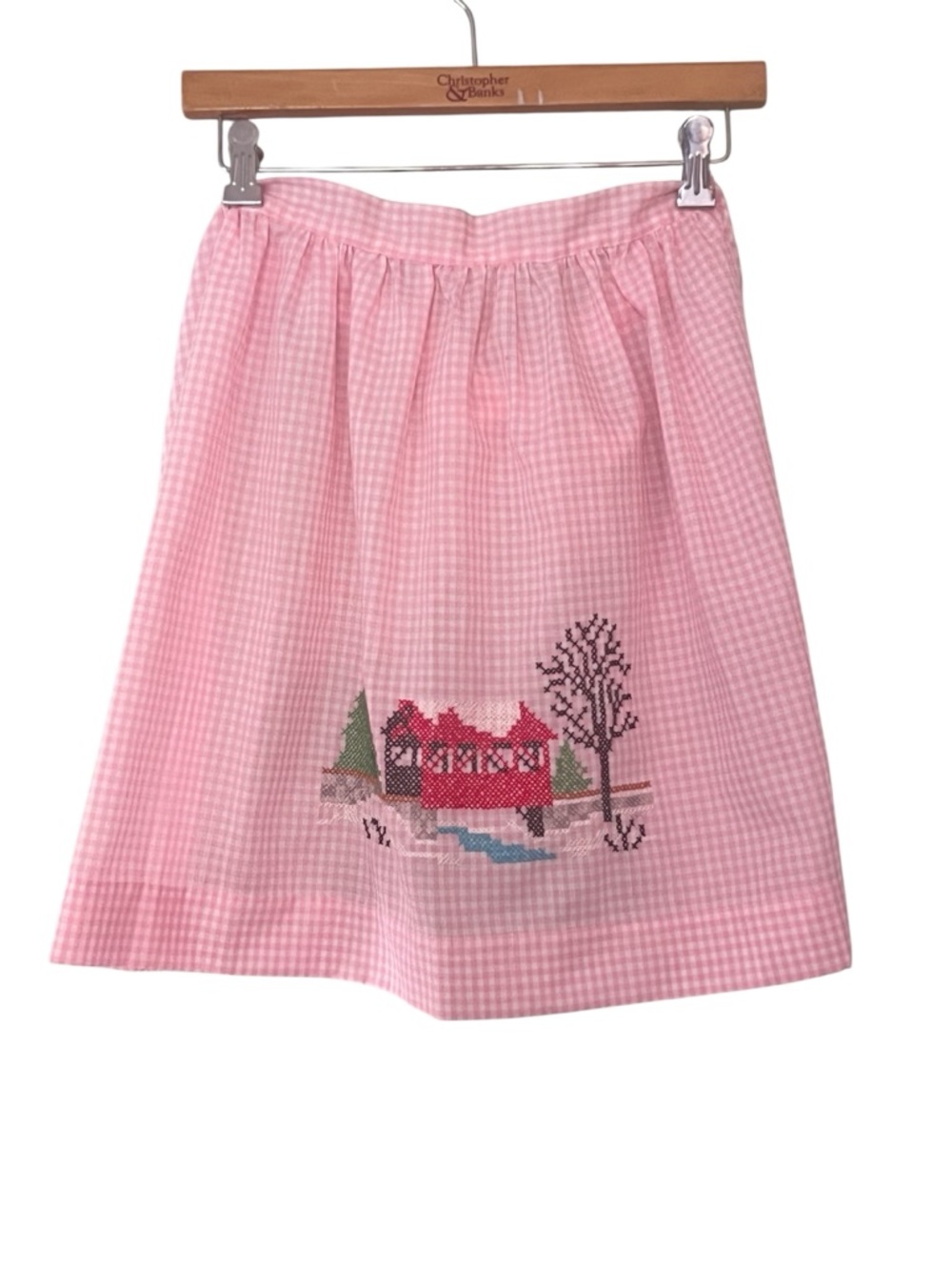 Vintage Pink Gingham Cross Stitch Embroidered Bridge Scene Cottagecore Apron